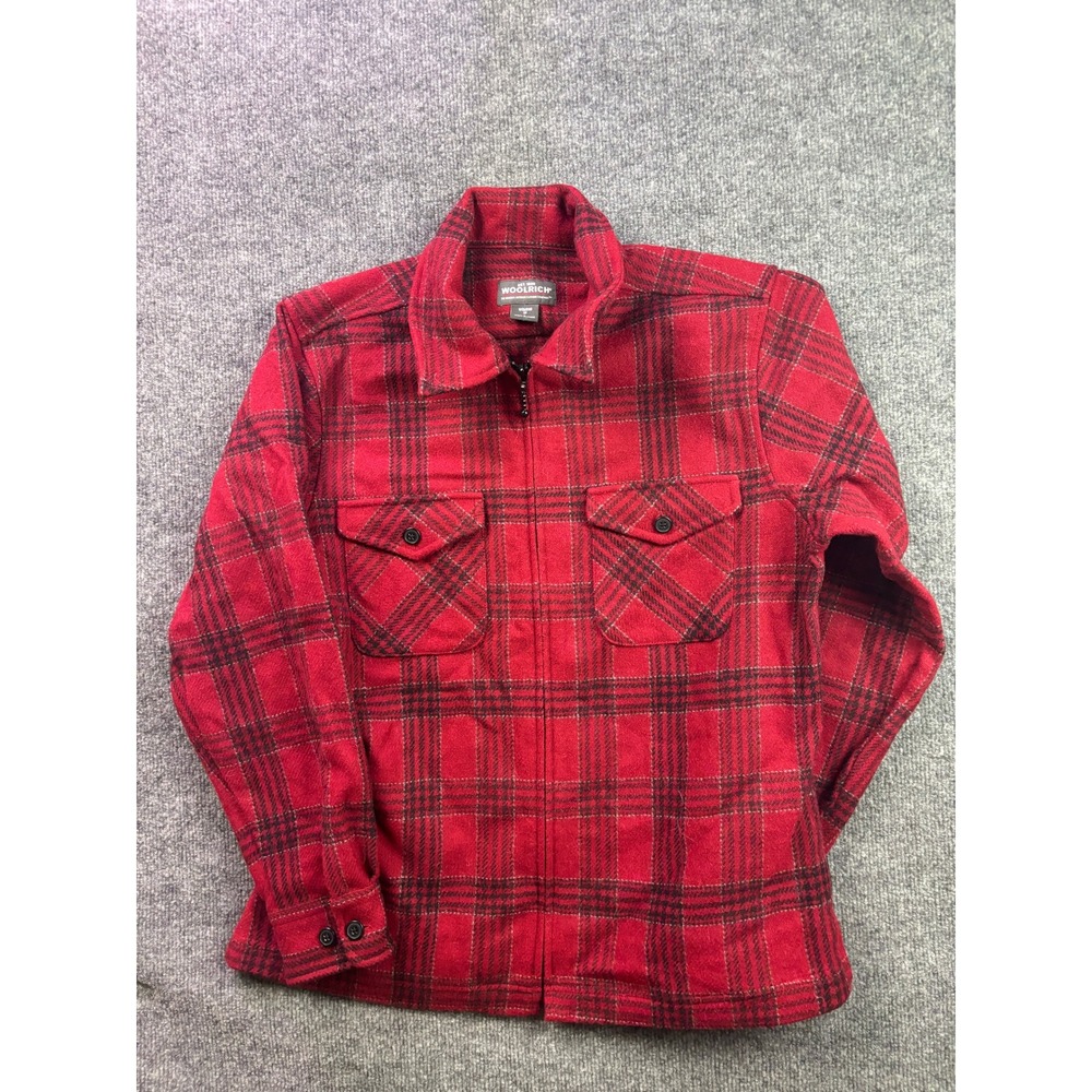 Woolrich Zip Up Shirt Jacket Womens Medium Red Plaid Wool Blend Flannel Pocket